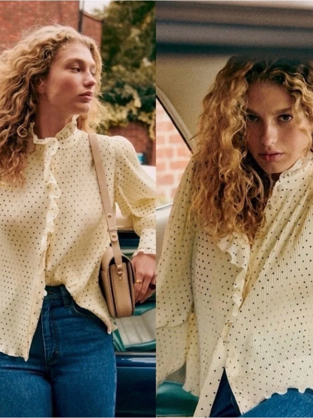 Sezane Cream Blouse with Black Dot Print and Ruffle Trim